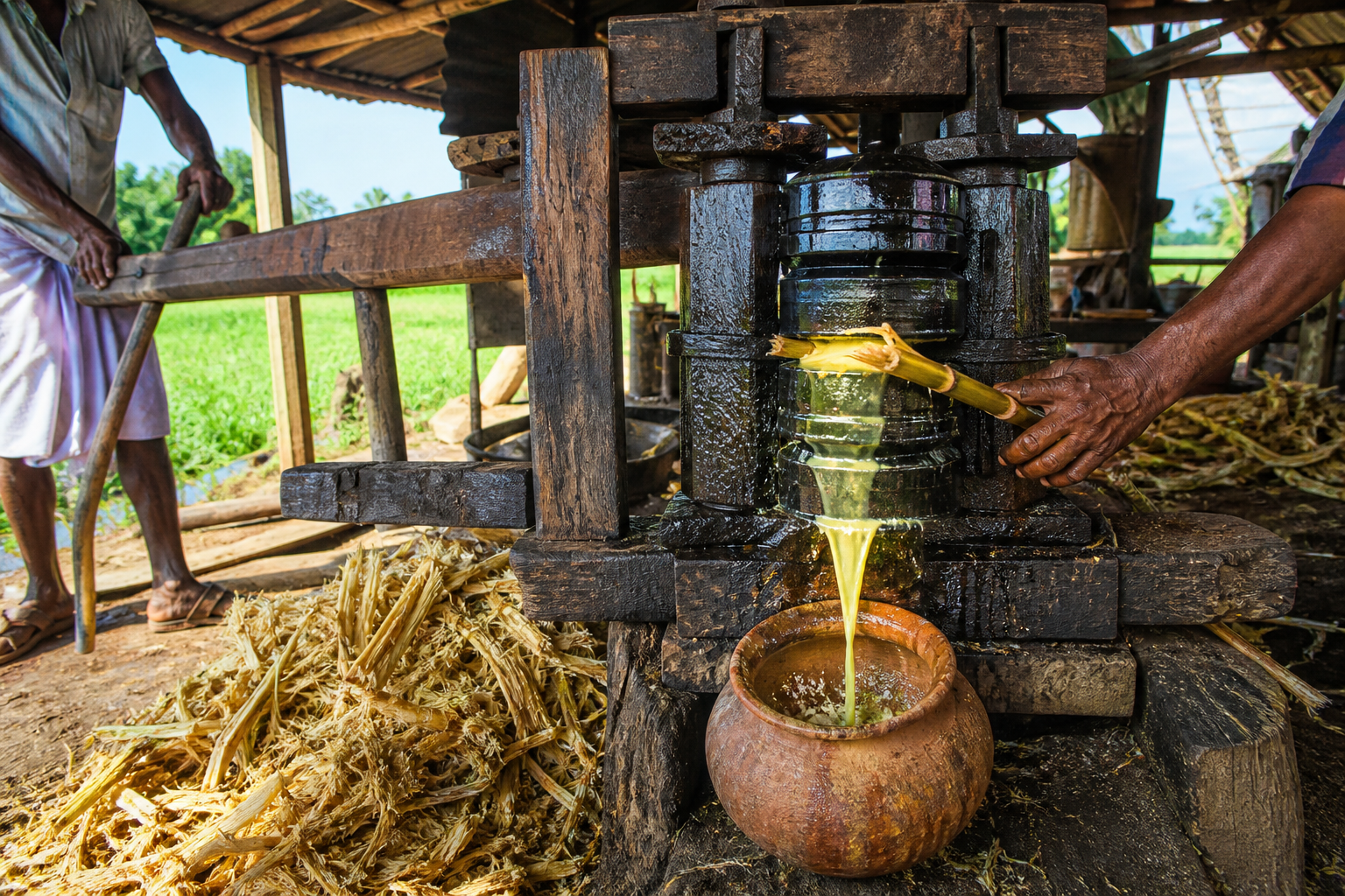 Sugarcane being crushed in a village mill